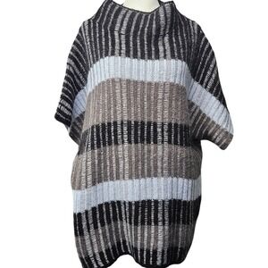 Cynthia Rowley Womens XL Mohair Blend Striped Funnel Poncho Sweater Grey Black